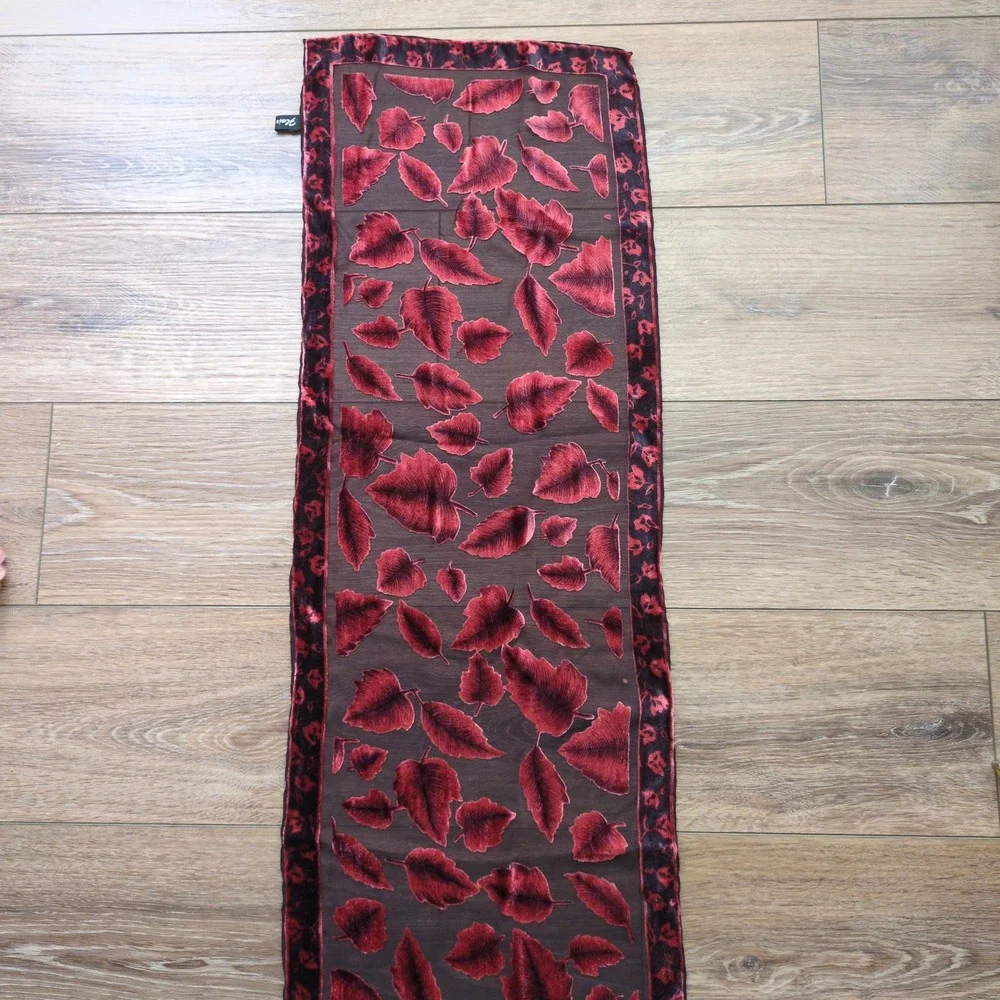 Silk Blend Velvet Burnout Scarf Red Burgundy Black Leaf Print Whimsigoth Fairy